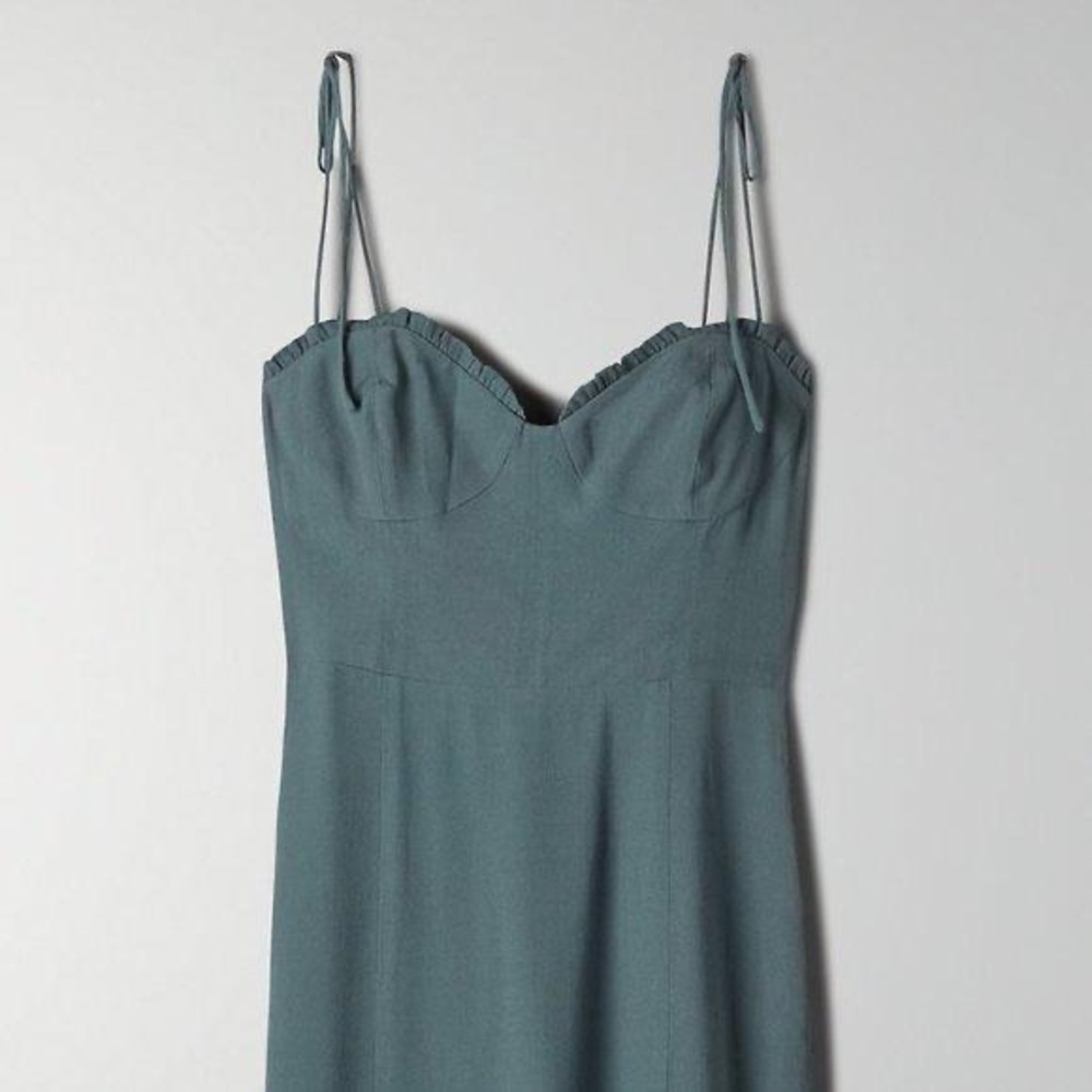 Aritzia Wilfred Blue Dress with adjustable straps with details along chest.